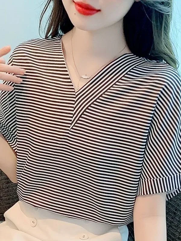 Summer New Women's Striped Shirt Loose Short Sleeve V-Neck Fashionable Top French Style Comfortable Lightweight Casual Blouse