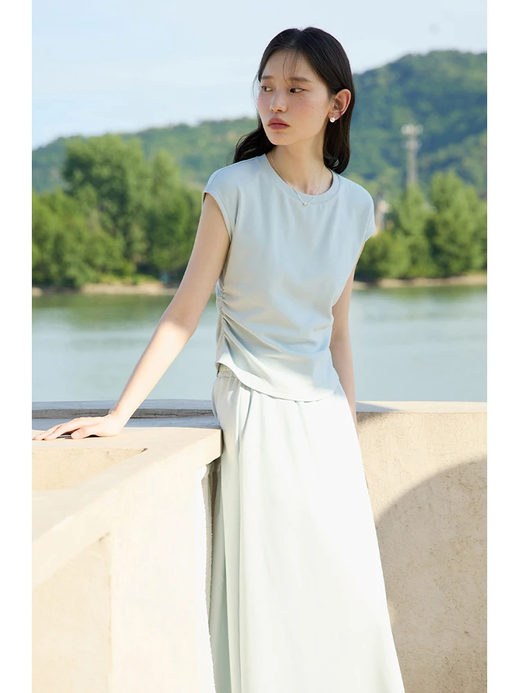 ZIQIAO Petite Relaxing Short Sleeved T-shirt Skirt Set for Women 2024 Summer New Slimming Women Top 24ZQ92476+24ZQ92477