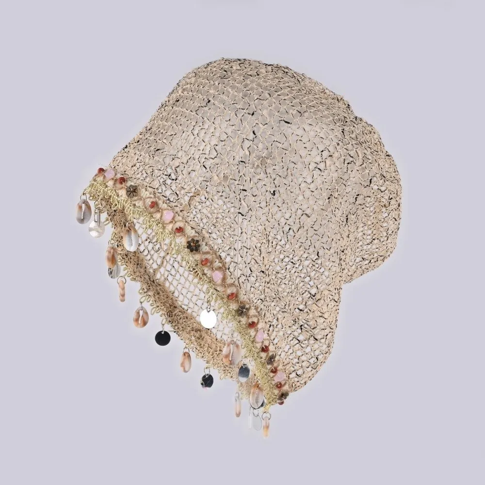 Lightweight Shell Charm Wrap Beanie Large Head Size Breathable Hollow Out Slouchy Hat Pullover Design Thin Fringe Skullcap
