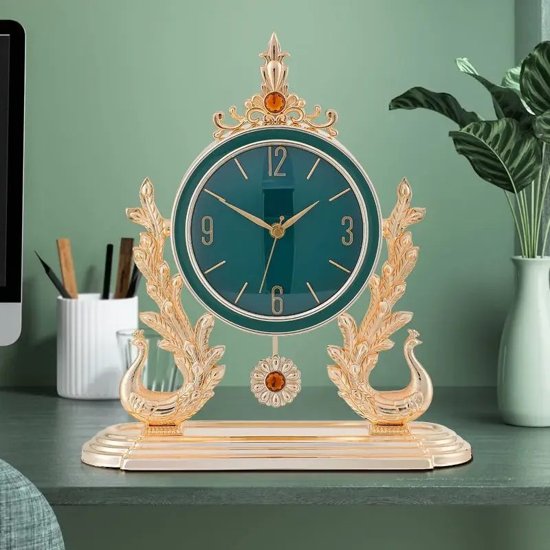 American light luxury table clock, living room bedroom silent desk clock, decorative ornament, leather clock dial, swinging