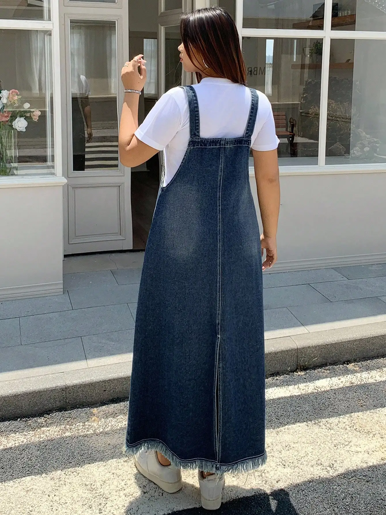 

Dark Wash Distressed Denim Pinafore Maxi A-Line Dress For Women