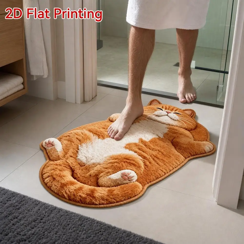 Cute Cat Animal Floor Mat Non-slip Crystal Velvet Bath Rug Water Absorbent Entry Doormat for Bedroom Living Room Decor