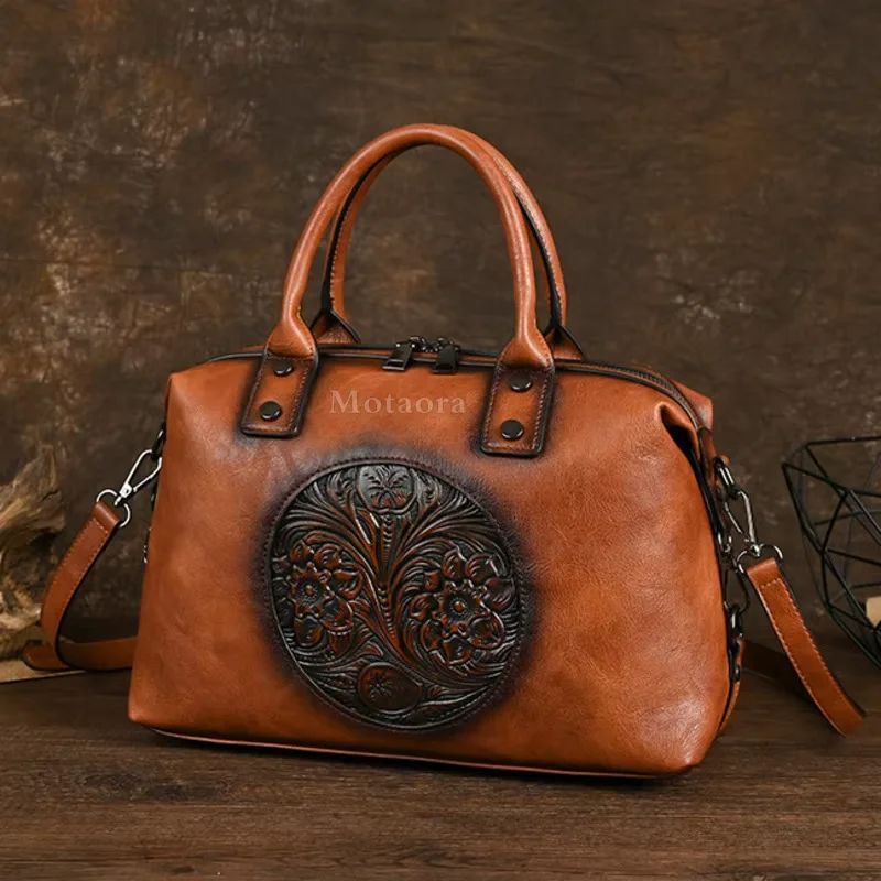 Vintage Leather Shoulder Bag For Women's Casual Embossed Handmade Handbag Fashionable Mothere's Crossbody Tote Bag Purse