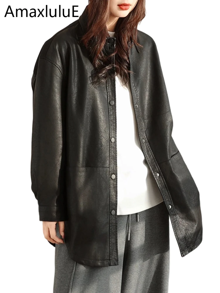 Amax LuluE 2026 春 レディース 韓国ファッション フェイクレザーコート ルーズ ヴィンテージ PUジャケット レディース カジュアル クラシック バイカージャケット アウターウェア