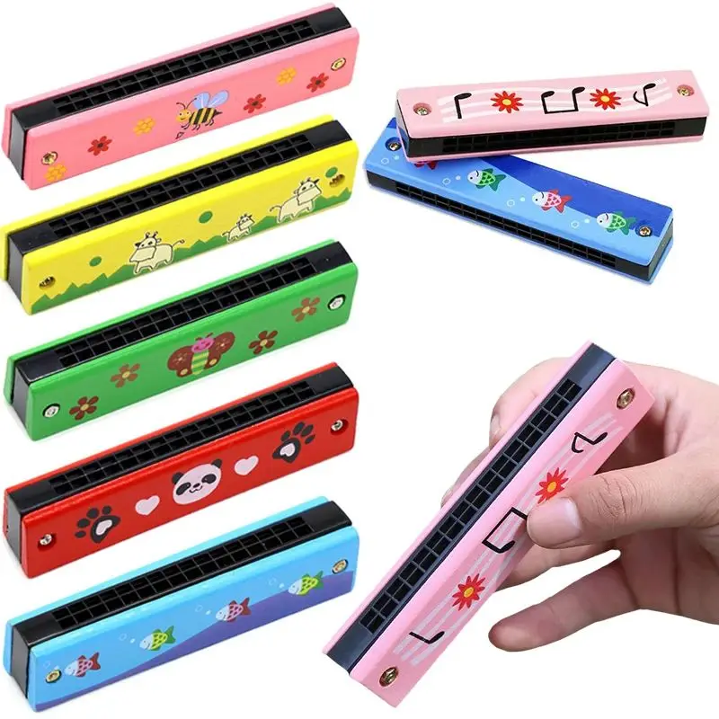 1/3/5 PCS Wooden Harmonica Random Cute Cartoon Style Colorful Painted 16-Hole Harmonica Musical Instrument Gifts Beginners
