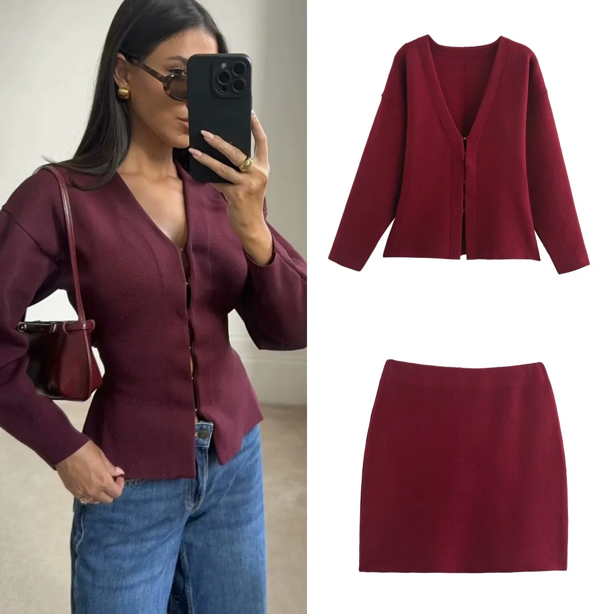 Women's Knitted Mini Skirt Set, 2-piece Casual Suit, Collar And Long Sleeves, Wine Red, Autumn 2024 2 Piece Sets Women Outfit