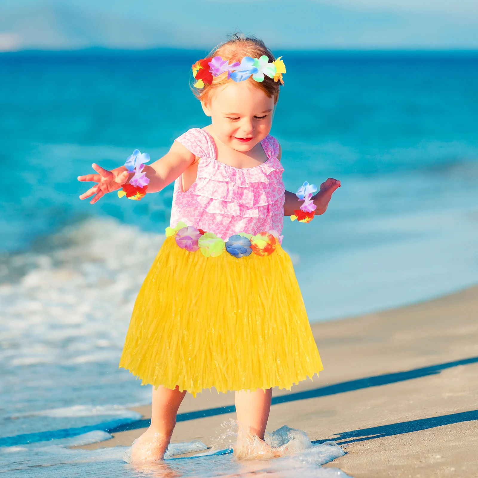 

Hawaiian Hula Skirt Set Colorful Simulation Flower Head Hoop Bracelets Hanging Garland Luau Party Costume Accessories Kids
