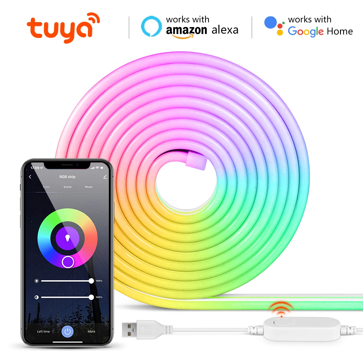 

5V USB RGB Neon LED Strip 1/2/3/5M Neon Sign Tape Smart Wifi App Control Creative DIY Mode Music Rhythm for Tuya Alexa Google