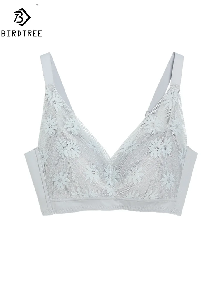 

BirdTree Lining 100%Real Silk Large Chest Bra, Women Wire Free Lace Floral, Sexy Breathable Thin Underwear, 2024 Summer P44683QM