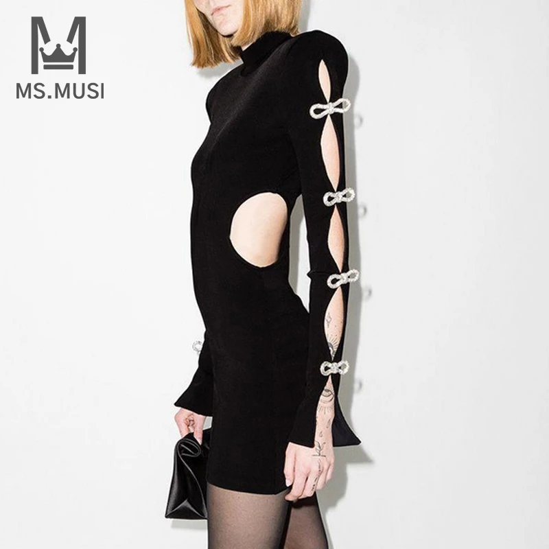 

MSMUSI 2023 New Fashion Women Sexy Crystal Bow Hollow Out Long Sleeve Backless Bandage Party Club Bodycon Event Slim Mini Dress