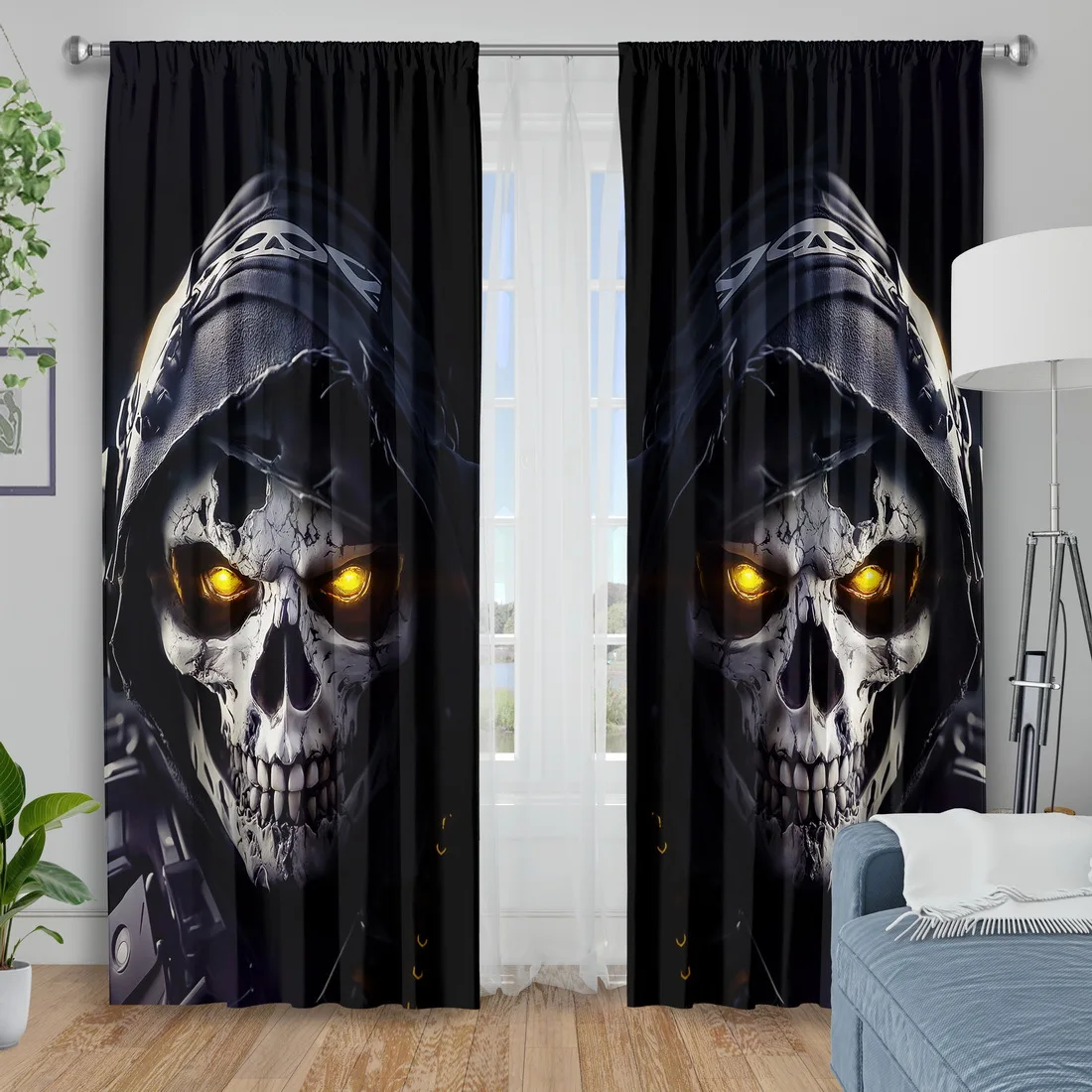 3D Grim Reaper Skull Curtains, Scary Hooded Skeleton Blackout Drapes for Bedroom, Gothic Horror Halloween Home Decor Window