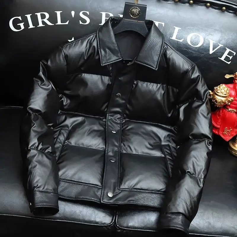 

High-end men's handsome fashion lapel leather jacket down jacket design winter warm leather down jacket