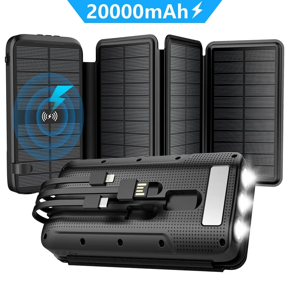 Multi-function solar power bank 20000mAh with cord outdoor waterproof Wireless power bank