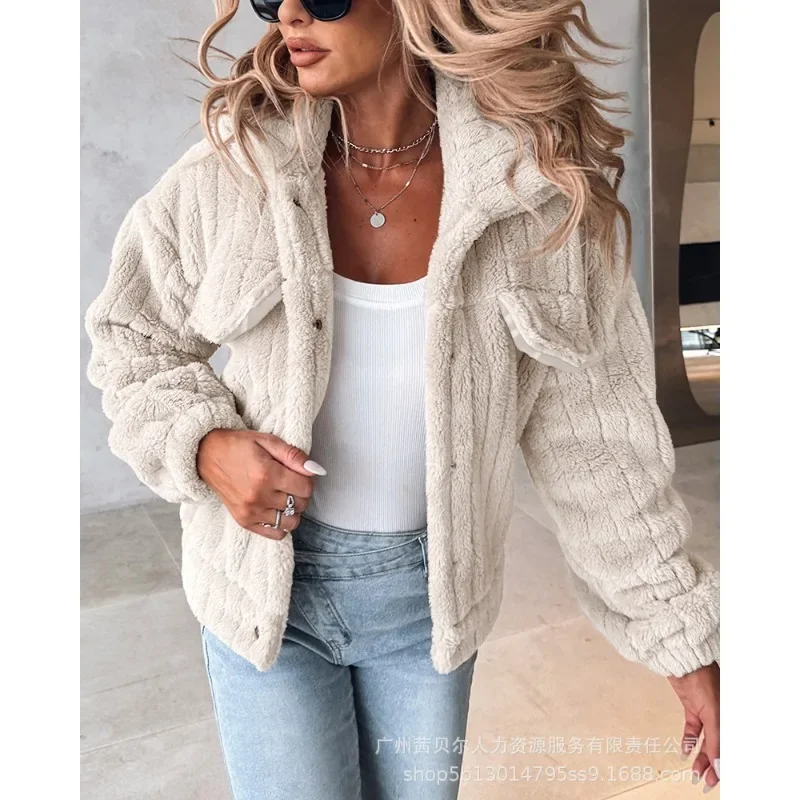 

Autumn Fleece Short Jackets Keep Warm Buttoned Trend Plush Casual Coat Jackets Women Long Sleeve Short Teddy Jackets Outwear