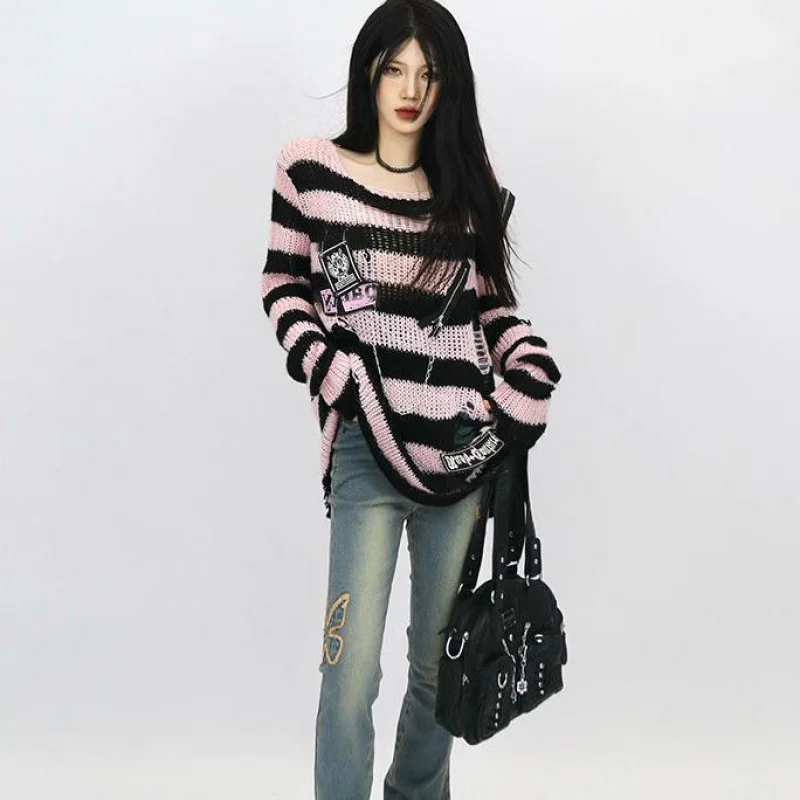 Gothic Striped Sweaters Spring Autumn Women Punk Sweater Y2K Harajuku Hollow Out Hole Broken Jumper Loose Pullovers Streetwear