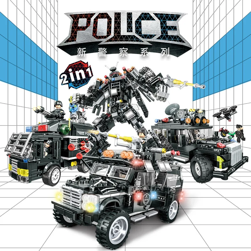 

Бронированная трансформирующаяся машина спецназа SWAT, конструктор из мелких деталей, развивающая STEM-игрушка, подарок для выставок