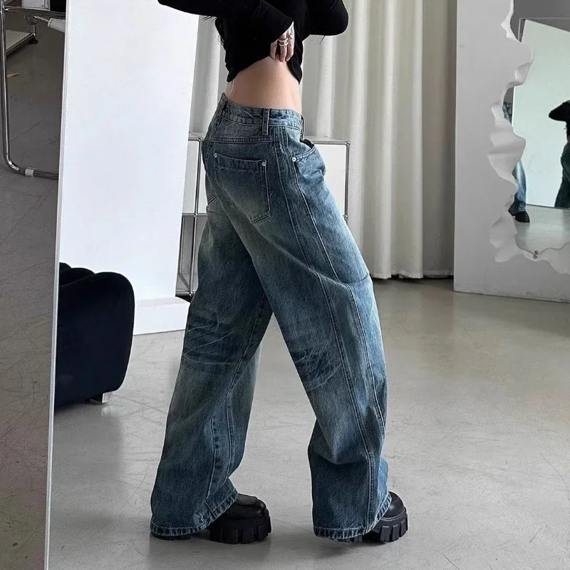 QWEEK America Retro Blue Jeans Women Vintage Baggy Korean Fashion Casual Denim Pants Office Lady Basic Autumn Trousers 2024