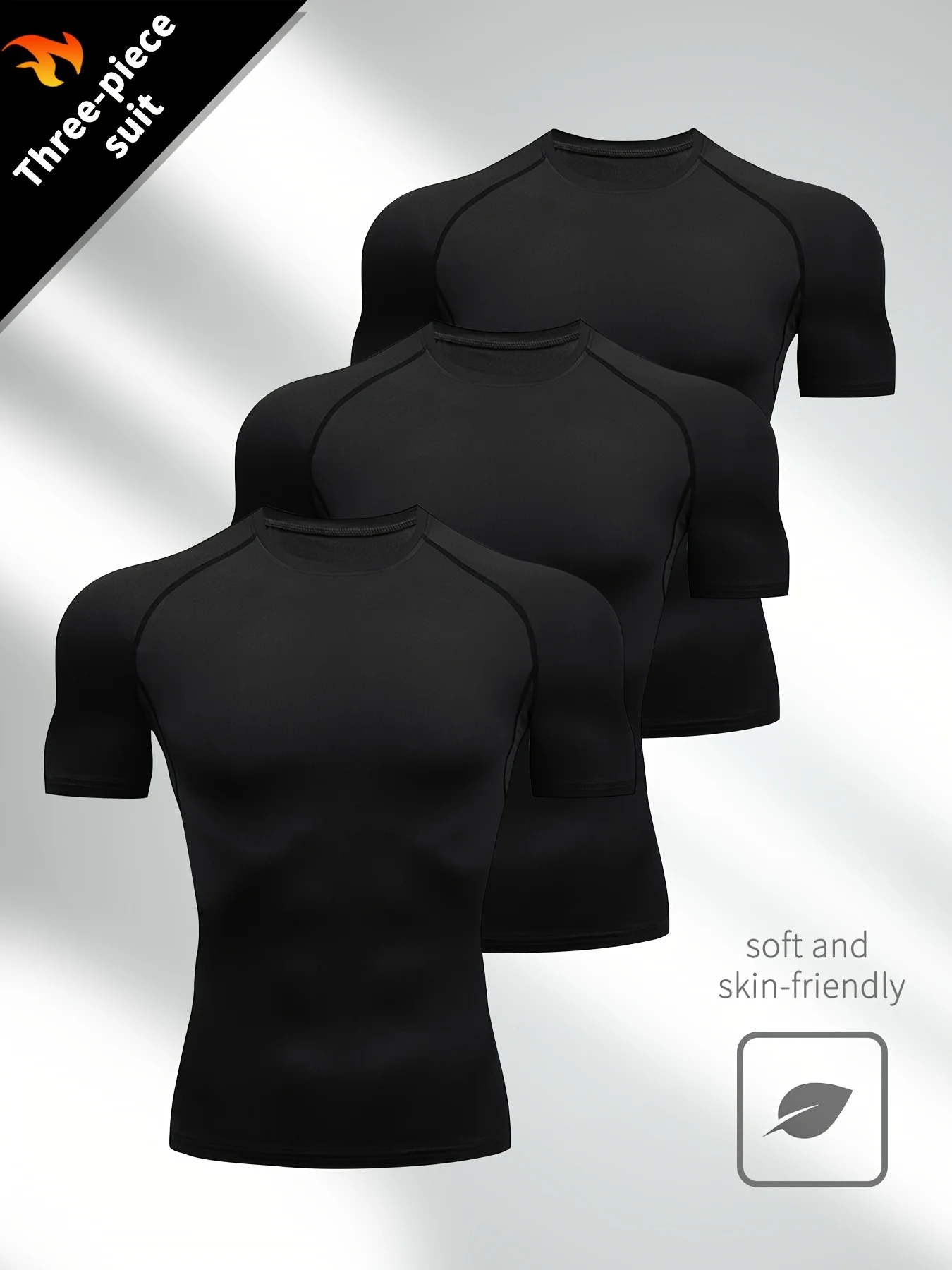 3 pieces MEN's SPORTS compression shirt, stretchy crew neck top, suitable for running, yoga, golf, hiking and outdoor activities