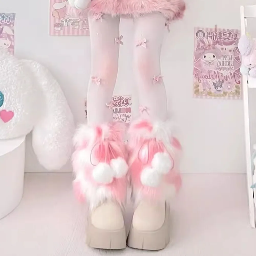 Harajuku Y2k Girls Furry Plush Ball Leg Warmers Socks Japanese Lolita Kawaii Sweet JK Fluffy Fleece Winter Warm Boot Leg Cover