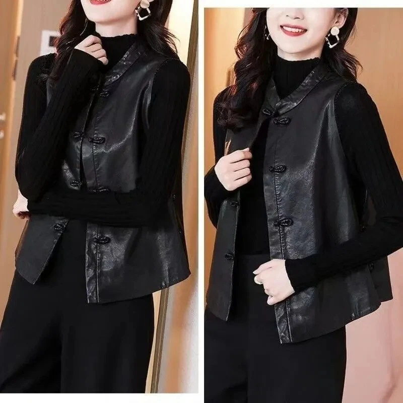 Leather Vest Jacket For Women 2025 New Chinese Style Retro Black Sleeveless PU Coat Ladies Single Breasted Cardigan Waistcoat