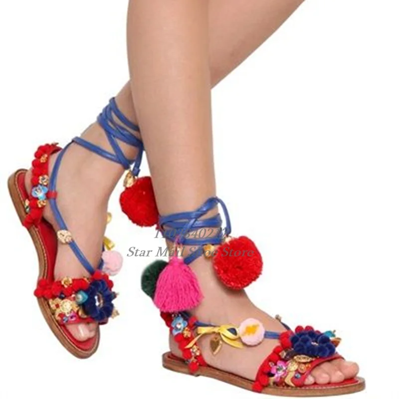 Newest Pompom Flower Embellished Strappy Lace-Up Sandals Round Toe Peep Toe Painted Wooden Heel Flat Sandals Ethnic Style Sandal