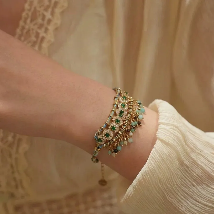 Elegant Vintage Green Turquoise Spring Bracelet Heavy Gold Russian Gold Hollow Design Bracelet Versatile Hand Jewelry