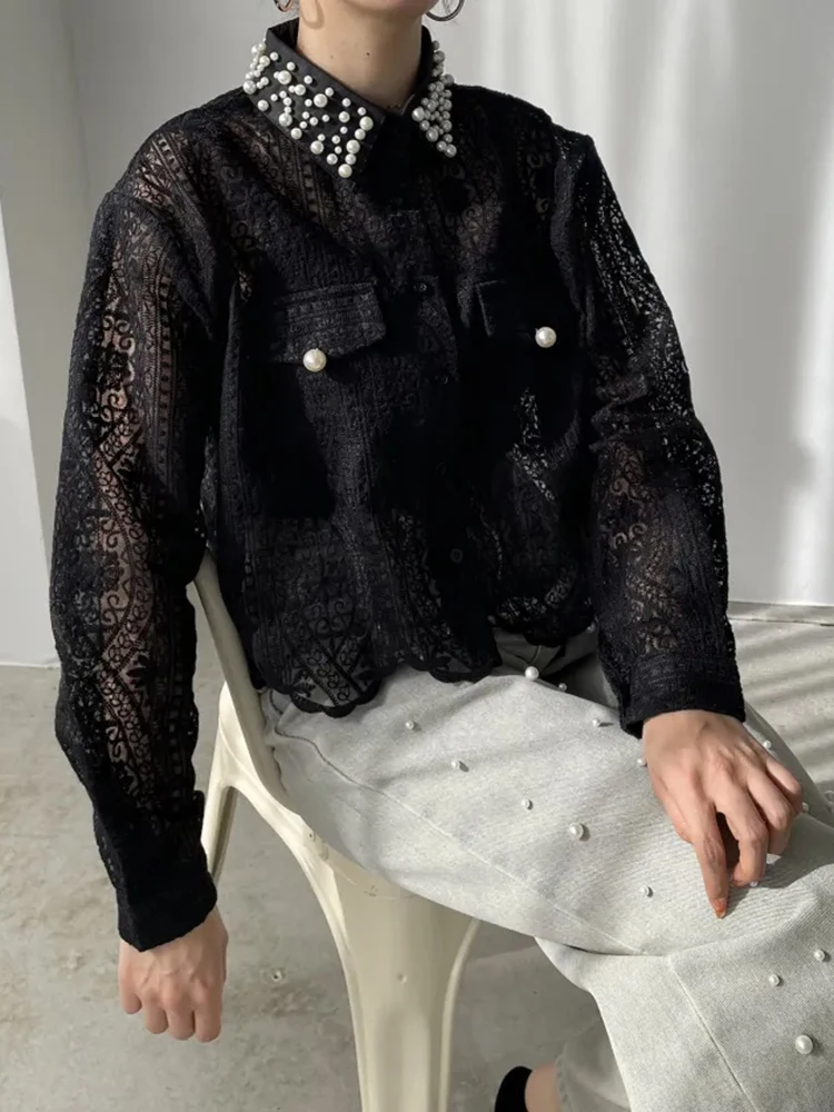 HAND-Made ลูกปัดตะขอดอกไม้ Hollow OUT เสื้อสีดําผู้หญิงแขนยาวหลวม Casual Cropped TOP เสื้อแฟชั่นเสื้อโปร่งใส