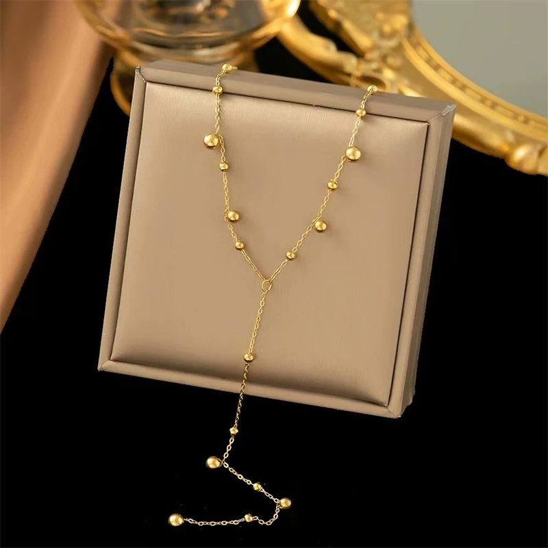 INS new 18K gold plated long fringe bead chain necklace gift Stainless steel round bead fringe hanging necklace