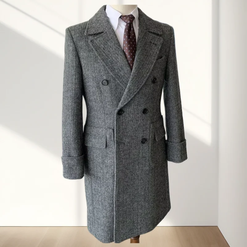 

Luxury Man Long Tweed Jackets 70% Wool Blend Herringbone Double-Breasted Man Blazer England Style Winter Elegant Men's Coat 2025