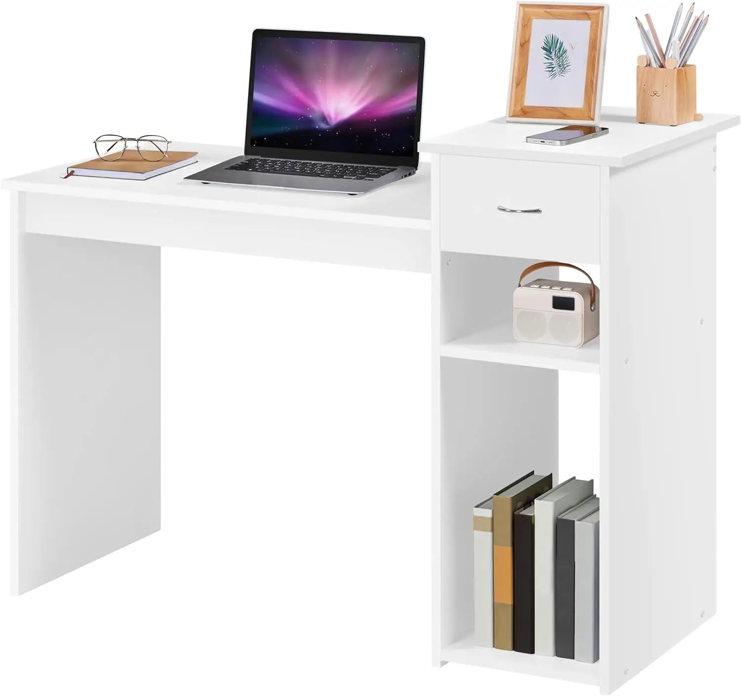 

Compact White Computer Desk with Drawers & Printer Shelves Space-Saving Wood Study Writing Table for Home Office Small Workspace