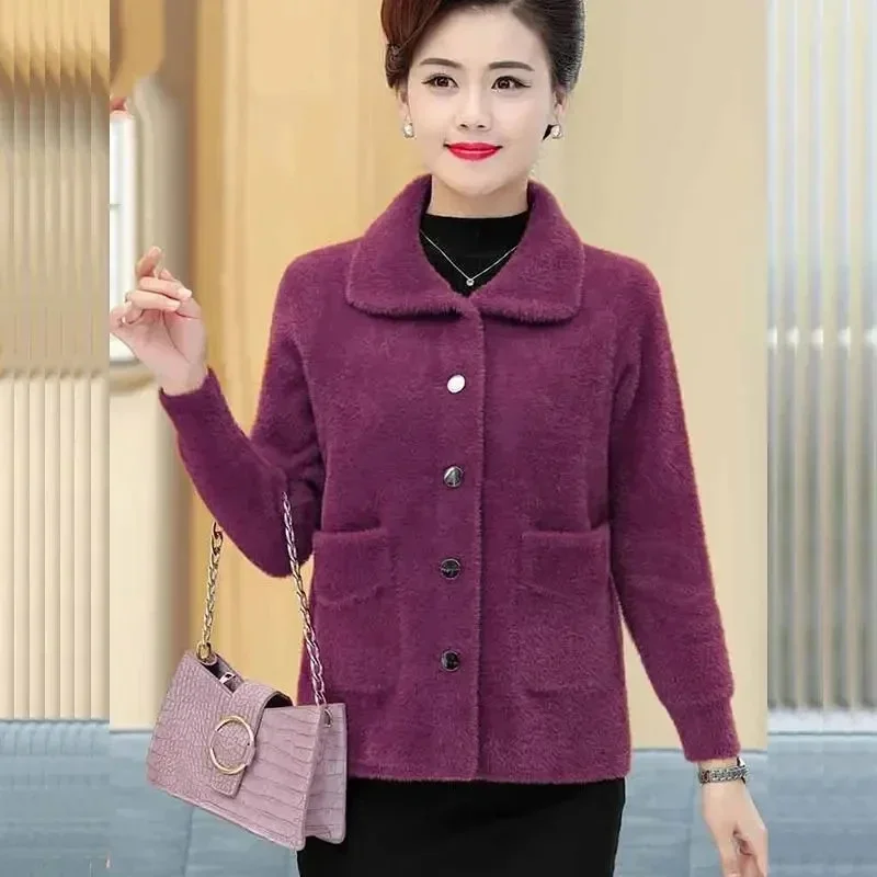 Middle Aged Elderly Mother Imitation Mink Velvet Sweater Coat Thick Short Knitted Cardigan Women Jacket Outwear MT4