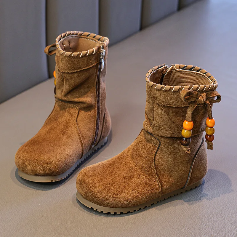 

Новинка осени 202, короткие сапоги в стиле ретро для девочек, удобные детские повседневные кожаные ботинки с мягкой подошвой, нескользящая детская обувь на теплой подкладке