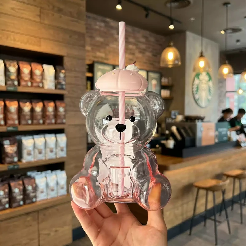 Vaso de vidrio Starbucks de 660 ml con forma de oso, tapa de silicona para postres y pajita rosa, taza transparente para bebidas de uso diario