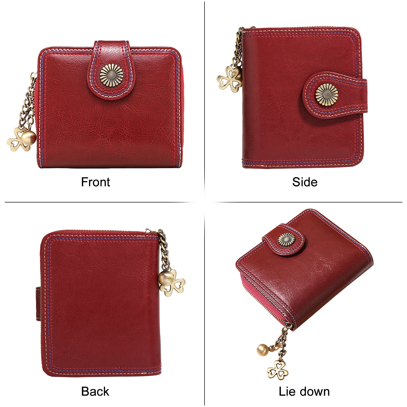 ITAMOOD Red Wallet with Metal Pendent Card Holder Passport Short Wallet Zipper Around Clutch Purse Vintage Design Purse Woman
