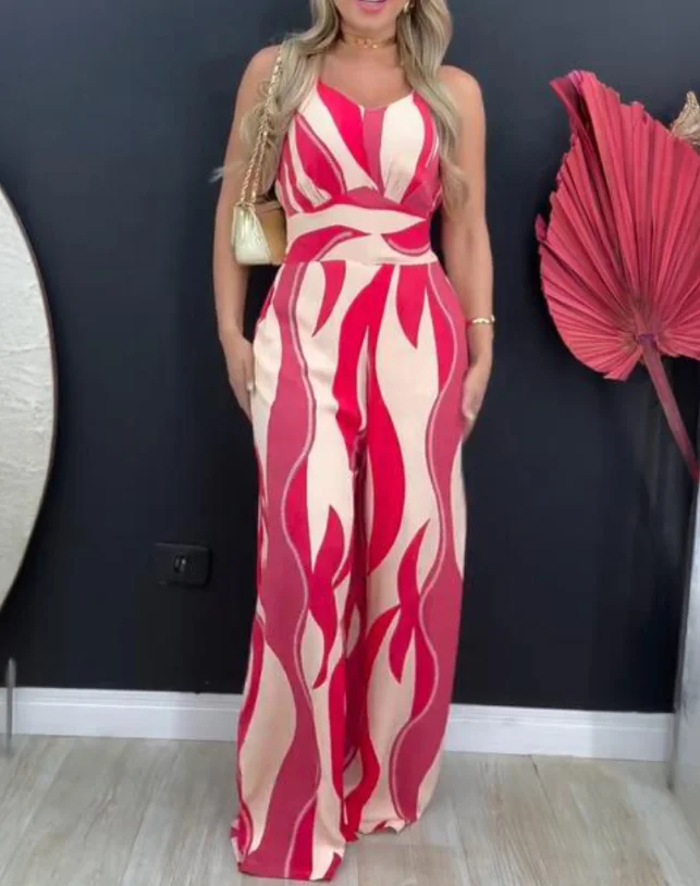 

Jumpsuit Women 2025 Summer New Fashion Geometric Print V-Neck Sleeveless Shirred Overalls Casual High Waist Wide Leg Jumpsuit