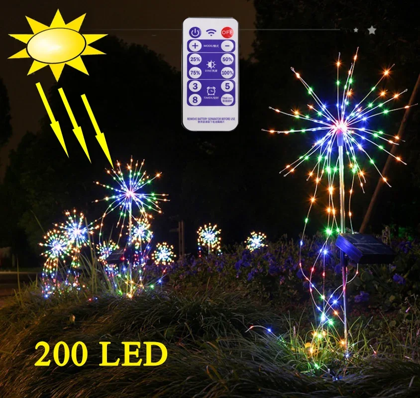 

200 Led Solar Firework Light Outdoor Garden Grass Globe Dandelion Lamp Remote Control Solar Power Yard Lawn Landscape Light MJ