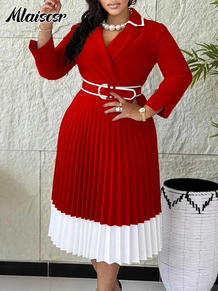 Mlaiscsr vert africain manches longues col cranté taille haute plissée Robe moyenne avec ceinture femmes bureau soirée robes d'invité Robe