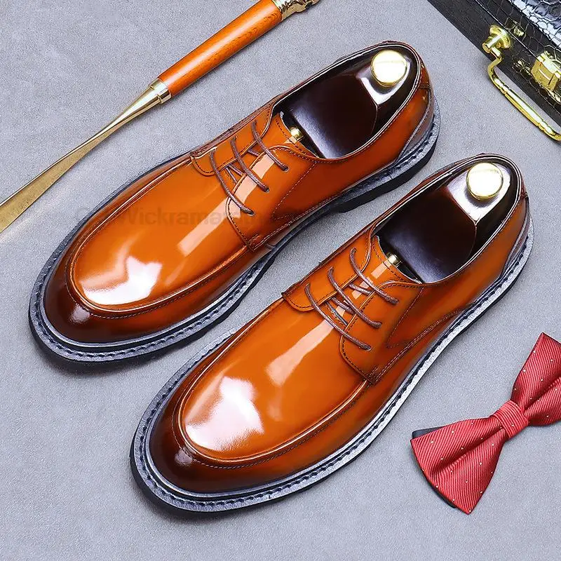 HKDQ Round Head Derby Formal Office Men Shoes Bridegroom Best Man Shoe Fashion Genuine Leather Dress Business Designer Shoes Men