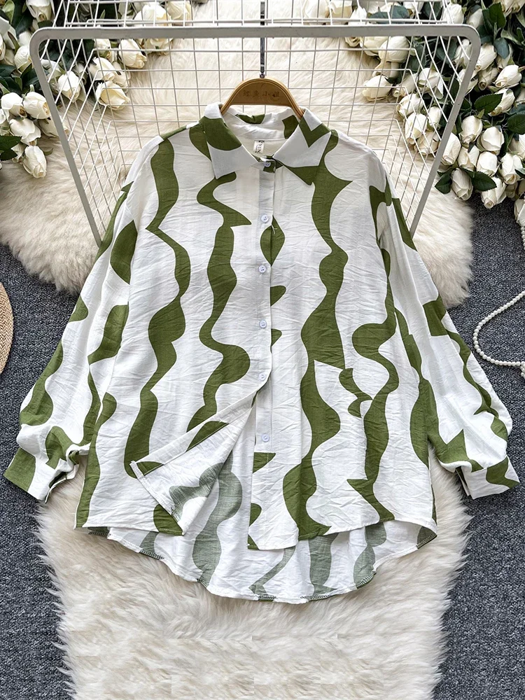 Kemeja Leher Polo Cetak Gaya Perancis Retro Musim Semi Musim Gugur untuk Wanita Atasan Blus Lengan Panjang Longgar dan Unik Modis Baru C165