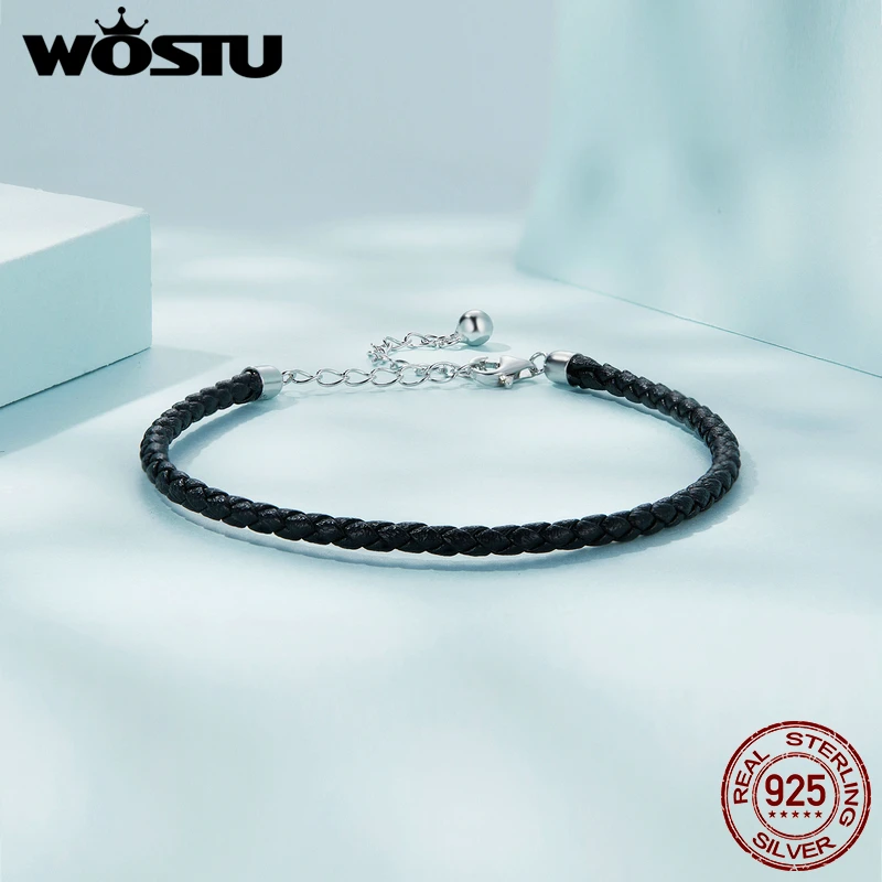 WOSTU 925 Sterling Silver European Simple Leather Bracelets for Women Basic Adjustable Multi color Chains Link Wedding Jewelry