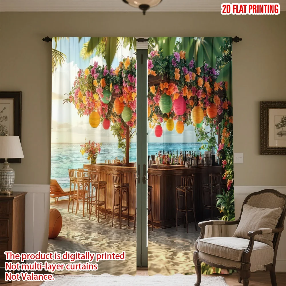 

2D flat printing 2pcs Curtain Beachside Floral Bar Scene Digital Printed Polyester Drapes Seasonal Party & Holiday Decor for
