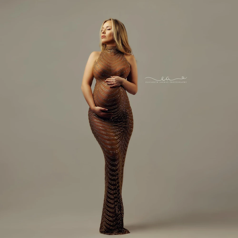 Maternity Gown For Party Sexy Shiny Goddess Bodysuit Hot Rhinestone For Photo Shoot Props Plus Size Senior Pregnant
