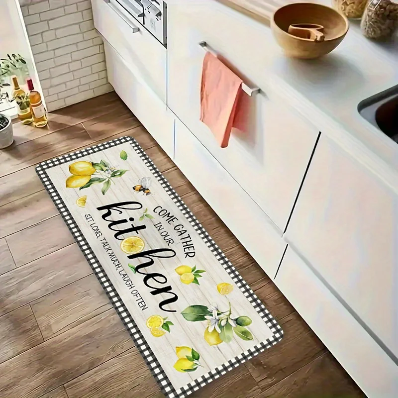 Refreshing Lemon Kitchen Rug, Yellow Fruit Flannel Floor Mat, Non-Slip Washable Soft Carpet for Hallway Laundry Room, 1PC