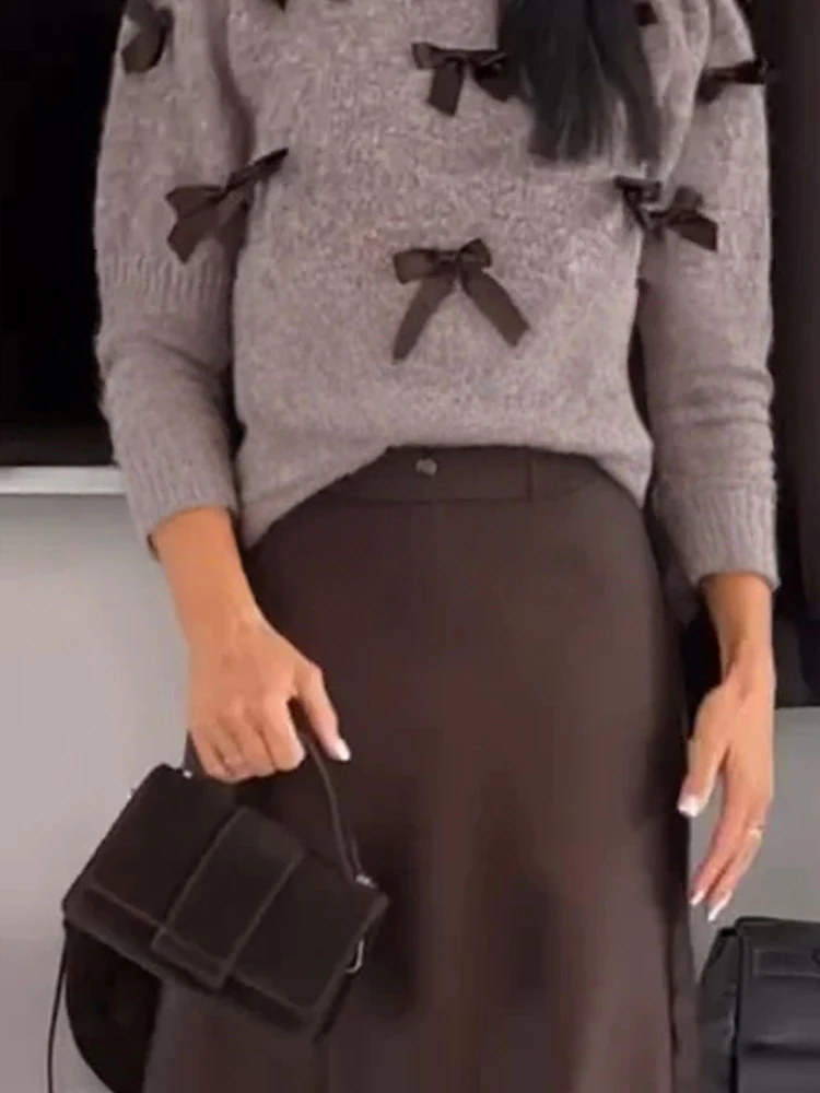 여성 캐주얼 반팔 솔리드 투피스 세트 우아한 리본 장식 포켓 수트 패션 O넥 풀오버 니트 & 새틴 스커트 세트