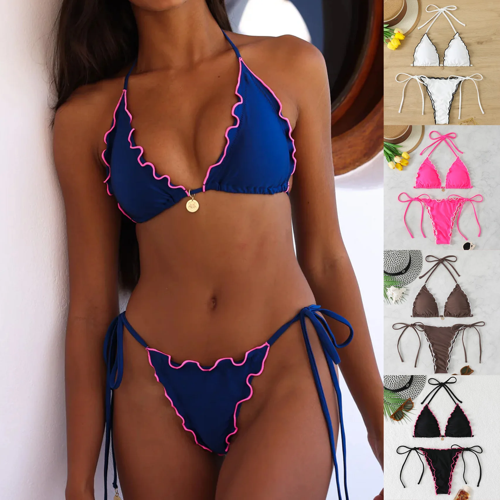 

Bathing Suit Women European And American Split Neck Gathering Lace Bikini Swimsuit Women's Sexy Lace-up Swimsuit