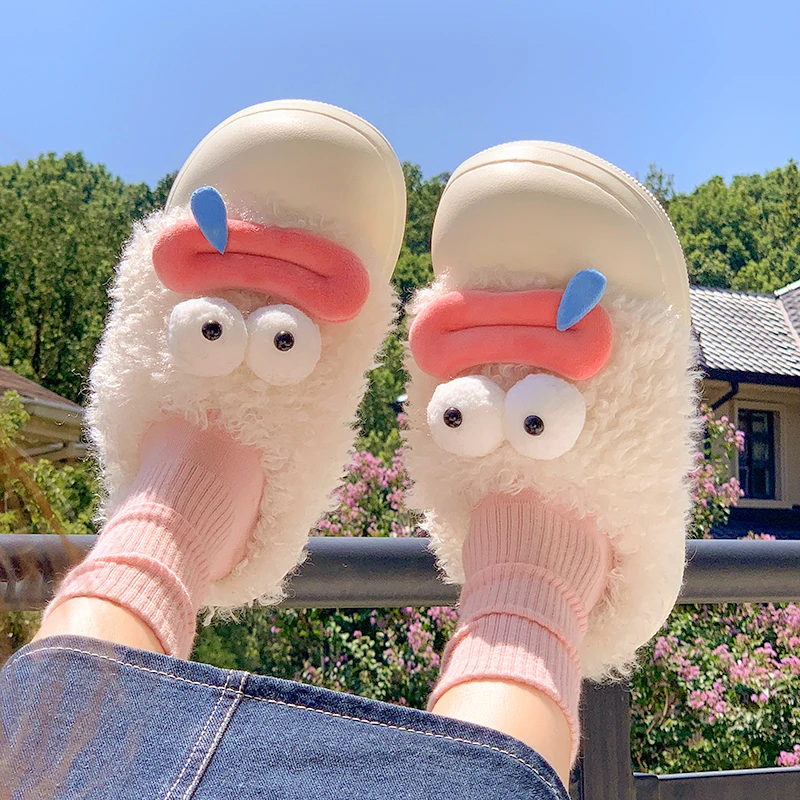 

Kawaii Big Eyes Plush Slippers Women Men Furry Warm House Shoes Anti-slip Thick Sole Cozy Indoor Cartoon Monster Slippers 2025 N