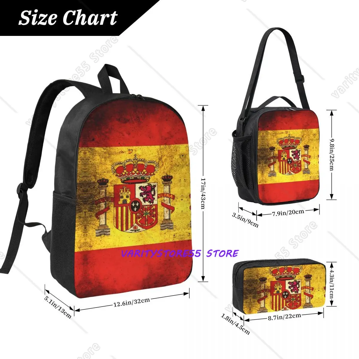 3Pcs Flag Of Spain Prints Backpack Set for Kids Pen Bags Bookbag Sets with Lunch Box For School Students Knapsack