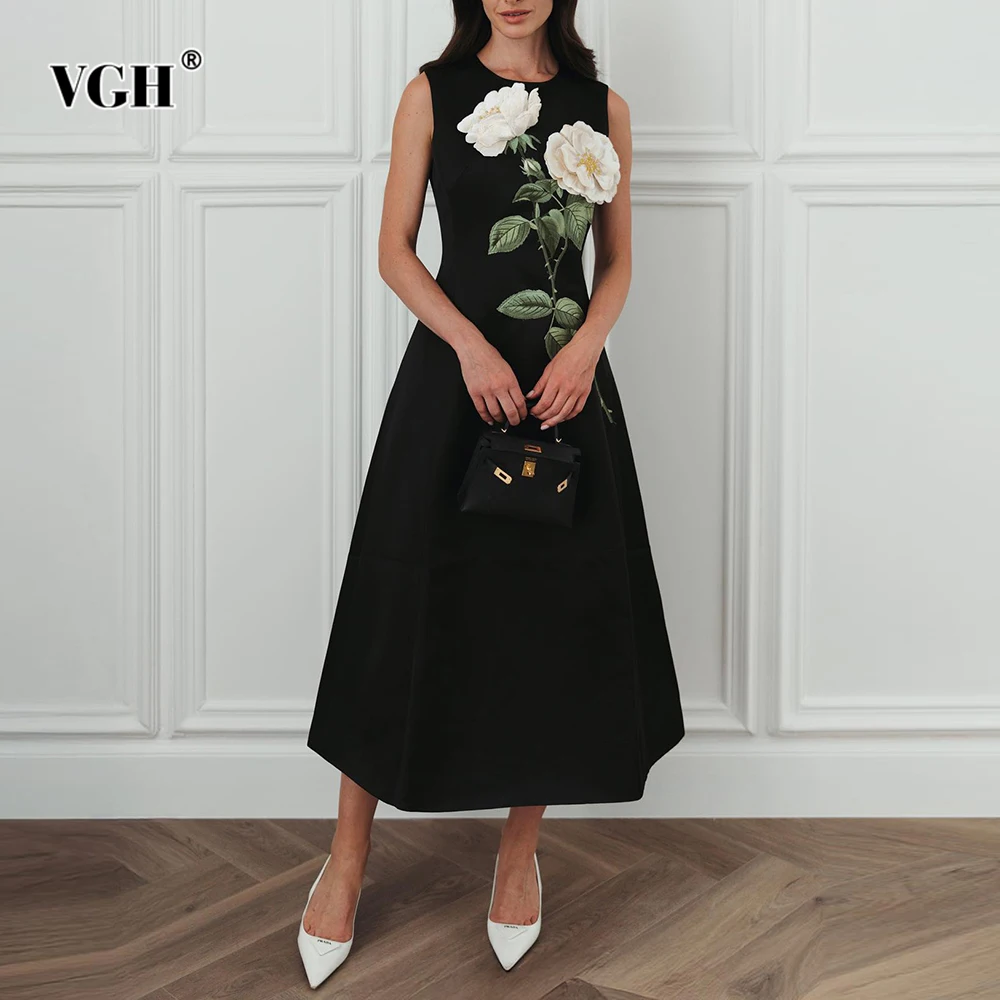 VGH элегантное однотонное утягивающее платье с аппликацией для женщин, шикарное вечернее платье без рукавов с круглым вырезом и высокой талией, женское Dtyle