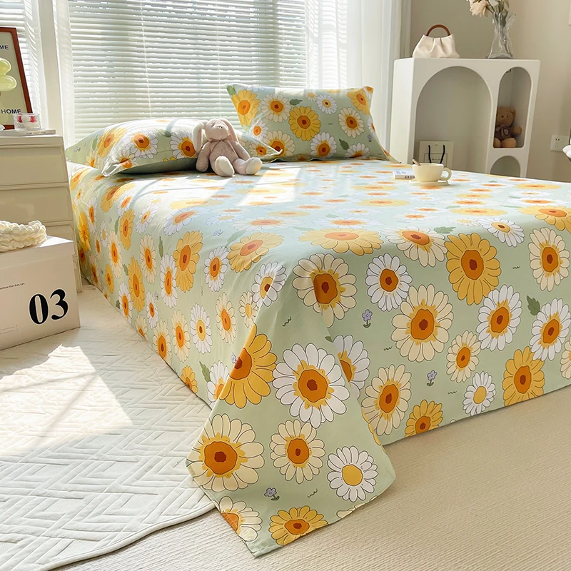 Daisy Set seprai katun ukuran Ratu kamar anak-anak Set seprai bunga botani sprei dan sarung bantal lembaran datar untuk dekorasi kamar tidur