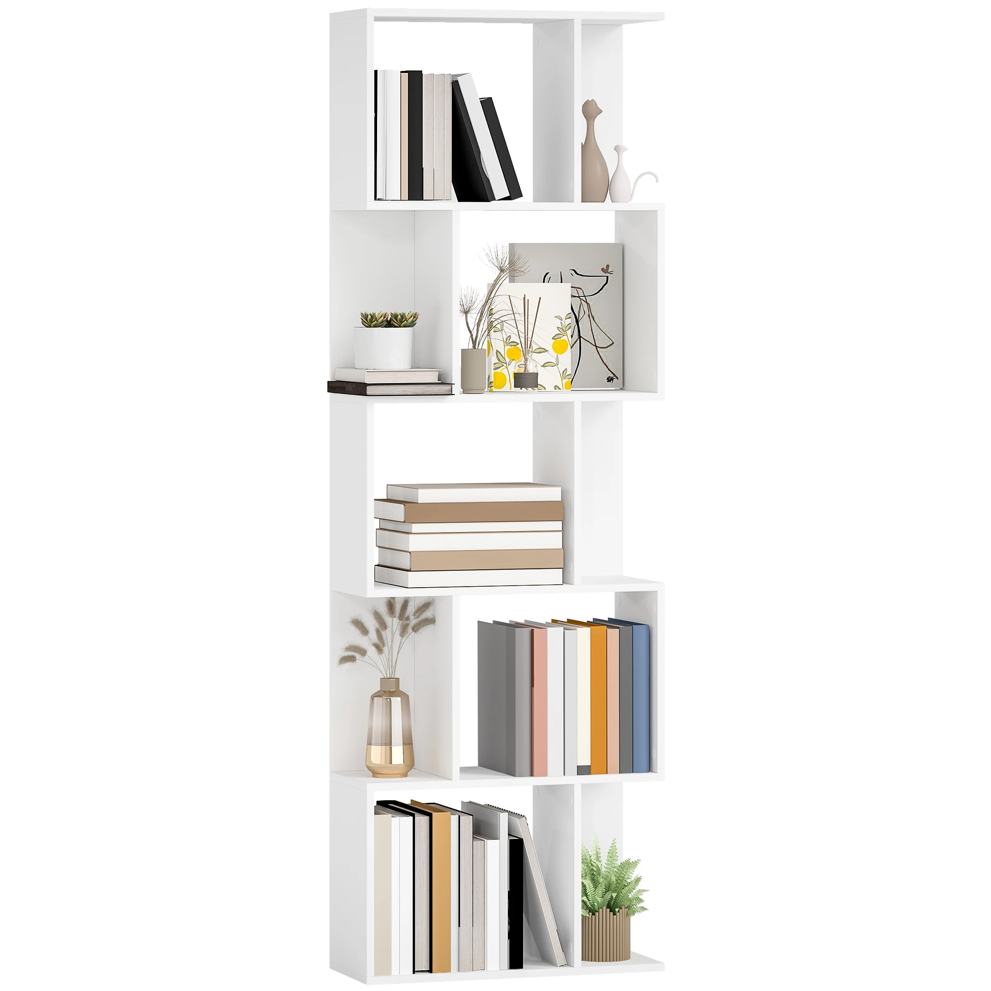 HOMCOM Librería de 5 Niveles, Estantería para Libros en Forma de S con 10 Estantes, para Sala de Estar, Dormitorio, Estudio, Oficina, 60x24x184,5 cm, Blanco